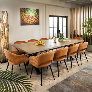Quatropi Modern 10 Seat Stained Live Edge Solid Wooden Dining Set Orange Velvet