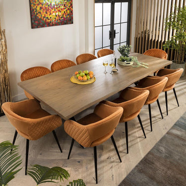 Quatropi Modern 10 Seat Stained Live Edge Solid Wooden Dining Set Orange Velvet