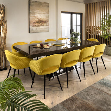 Quatropi Modern 10 Seater Dining Table Chairs Set Gloss Oak Yellow Velvet 240cm