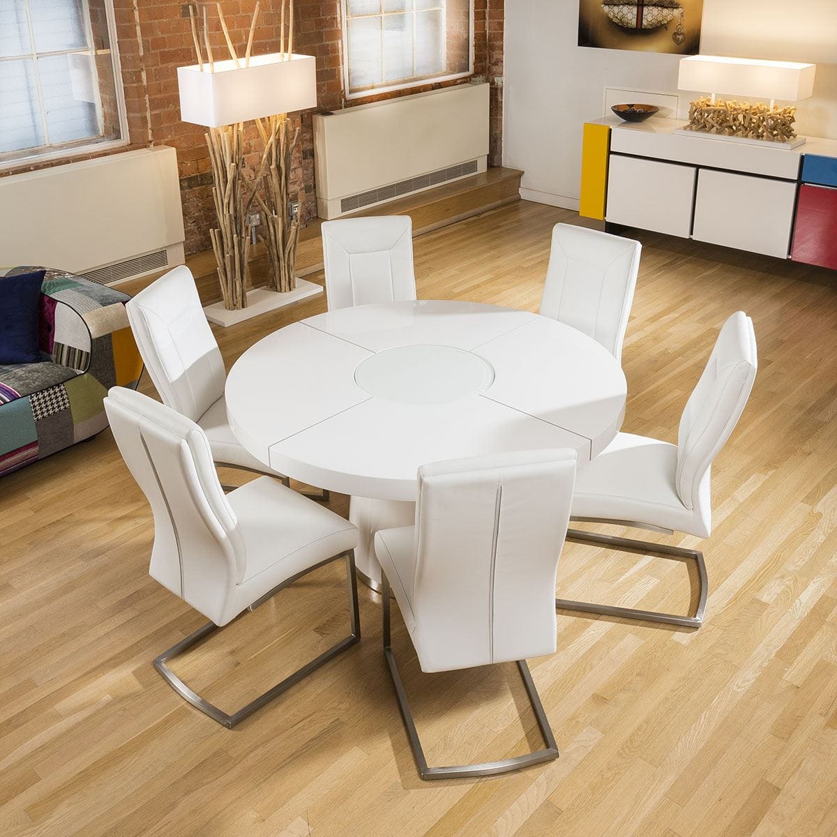 Quatropi Modern 1400mm Round White Gloss Dining Table & 6 White Padded Chairs