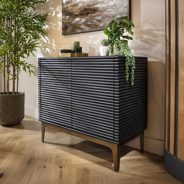 Quatropi Modern 2 Door Small Sideboard Cabinet Fluted Black Oak Brass Metal 90cm