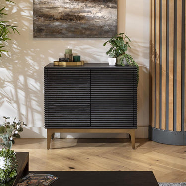 Quatropi Modern 2 Door Small Sideboard Cabinet Fluted Black Oak Brass Metal 90cm
