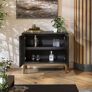 Quatropi Modern 2 Door Small Sideboard Cabinet Fluted Black Oak Brass Metal 90cm