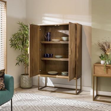 Quatropi Modern 2 Door Tall Bar Drinks Cabinet Oak Wood & Gold Metal Brown 108cm
