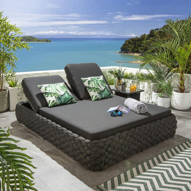 Quatropi Modern 2 Person Double Sun Lounger Sunbed Rope Weave Grey 203x152cm