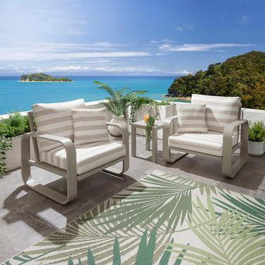Quatropi Modern 2 Seater Garden Armchair Set & Side Table Aluminium Cream Beige Stripe