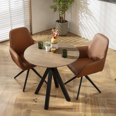 Quatropi Modern 2 Seater Small Round Solid Wood Dining Set Tan Faux Leather