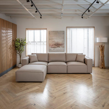 Quatropi Modern 3 Seater Beige Leather Sofa and Footstool 309x196cm