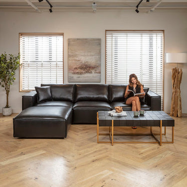 Quatropi Modern 3 Seater Black Leather Sofa and Footstool 309x196cm
