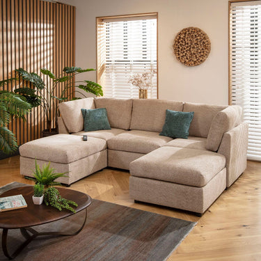 Quatropi Modern 3 Seater Modular U Shape Corner Sofa Chaise Beige Boucle