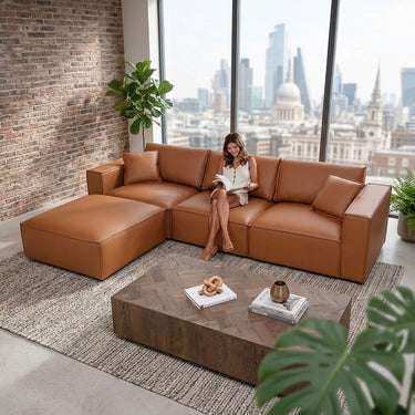 Quatropi Modern 3 Seater Tan Leather Sofa and Footstool 309x196cm