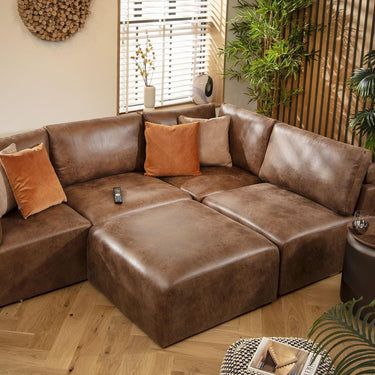 Quatropi Modern 4 Seat Small Modular L Shape Corner Sofa Couch Brown Fabric