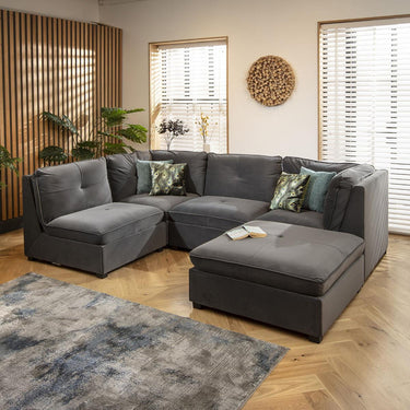 Quatropi Modern 4 Seat Small Modular L Shape Corner Sofa Couch Grey Velvet Fabric