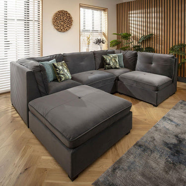 Quatropi Modern 4 Seat Small Modular L Shape Corner Sofa Couch Grey Velvet Fabric