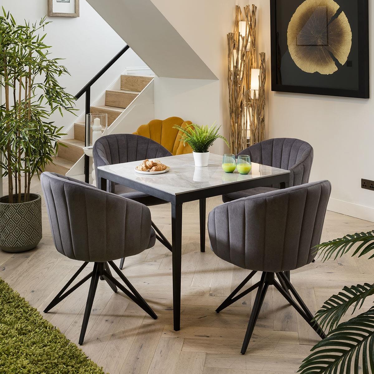 Quatropi Modern 4 Seater Dining Table And Chairs Set - Grey Ceramic Marble Table Top