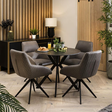 Quatropi Modern 4 Seater Round Dining Set - Black Ceramic Table & Swivel Chairs