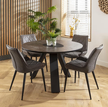 Quatropi Modern 4 Seater Round Dining Table and Chairs Set Dark Grey Black