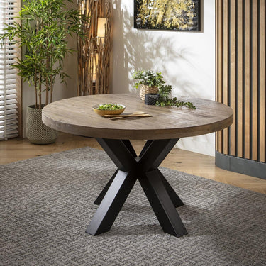 Quatropi Modern 4 Seater Round Dining Table Reclaimed Oak Black Metal 130cm