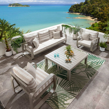 Quatropi Modern 5 Seater Garden Sofa & Armchairs Set with Coffee Table Aluminium Cream Beige Stripe