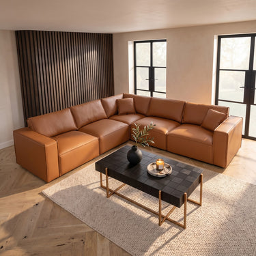 Quatropi Modern 5 Seater Tan Leather Corner Sofa Modular Couch 297x297cm