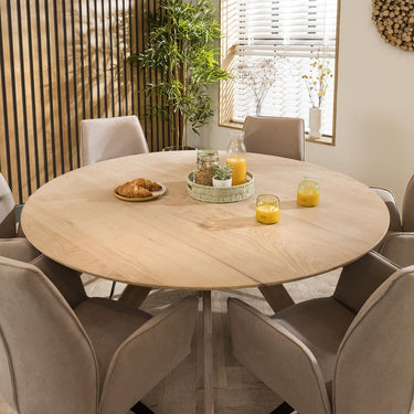 Quatropi Modern 6 Chair Natural Round Solid Wooden Dining Table Set Mink 150cm