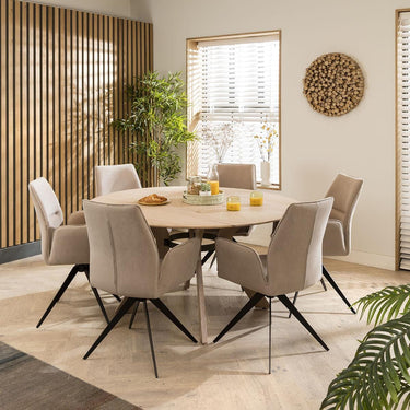 Quatropi Modern 6 Chair Natural Round Solid Wooden Dining Table Set Mink 150cm