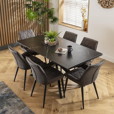 Quatropi Modern 6 Seat Extending Ceramic Dining Table and Chairs Set Grey Black