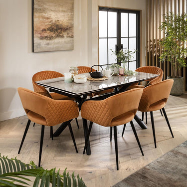 Quatropi Modern 6 Seat Extending Ceramic Marble Dining Set Grey Orange 160-240cm