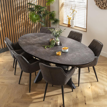 Quatropi Modern 6 Seat Oval Dining Table and Chairs Dining Set Dark Grey Black