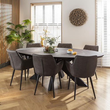 Quatropi Modern 6 Seat Oval Dining Table and Chairs Dining Set Dark Grey Black
