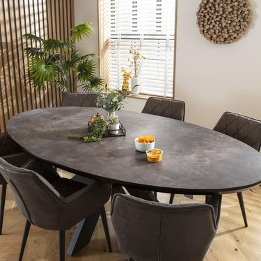Quatropi Modern 6 Seat Oval Dining Table and Chairs Dining Set Dark Grey Black