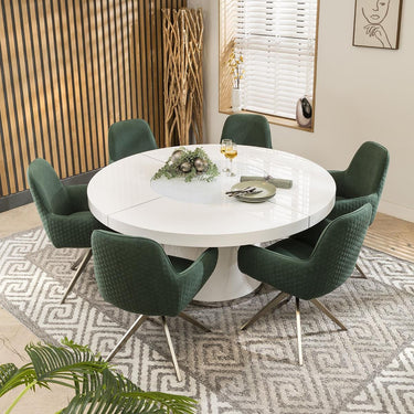 Quatropi Modern 6 Seat Round Dining Set Gloss White And Green Velvet 160cm