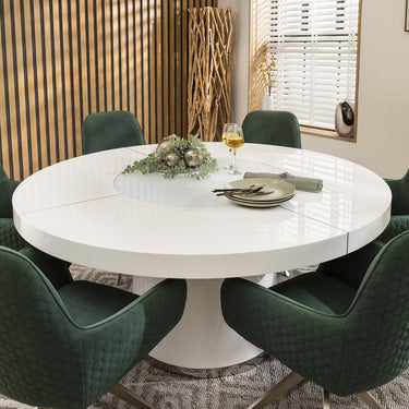 Quatropi Modern 6 Seat Round Dining Set Gloss White And Green Velvet 160cm