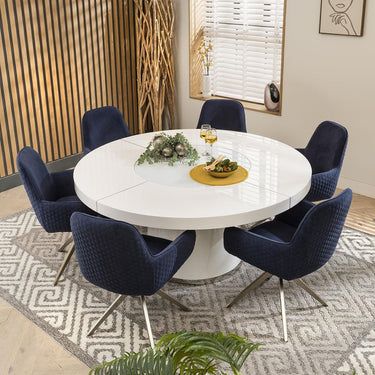 Quatropi Modern 6 Seat Round Dining Set Gloss White And Navy Blue Velvet 160cm
