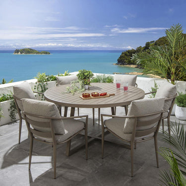 Quatropi Modern 6 Seat Round Garden Table and Chairs Dining Set Aluminium Beige