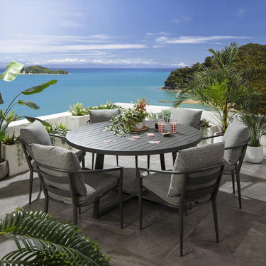 Quatropi Modern 6 Seat Round Garden Table and Chairs Dining Set Aluminium Grey