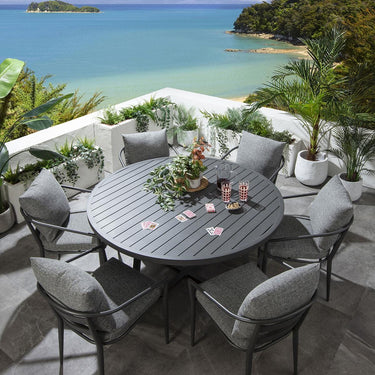 Quatropi Modern 6 Seat Round Garden Table and Chairs Dining Set Aluminium Grey