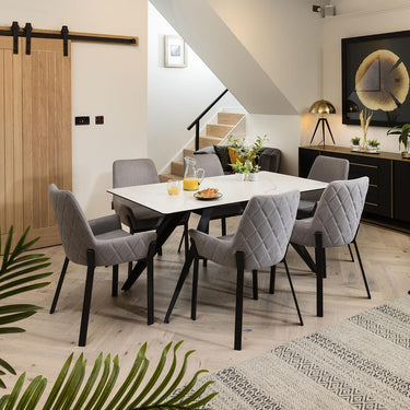 Quatropi Modern 6 Seater Ceramic Marble Dining Table And Chairs Set White Grey