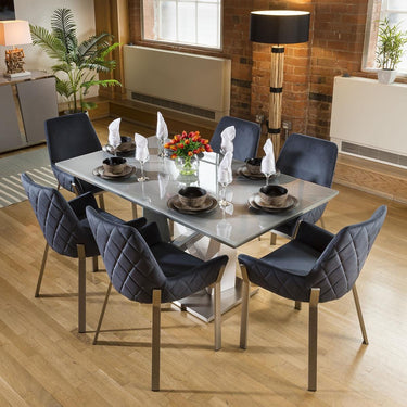 Quatropi Modern 6 Seater Glass Dining Table And Chairs Set Grey Blue Fabric