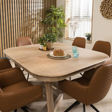 Quatropi Modern 6 Seater Natural Solid Wood Extending Dining Set Tan 160-230cm