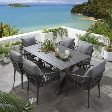 Quatropi Modern 6 Seater Outdoor Garden Dining Set Grey Wood Effect Aluminium