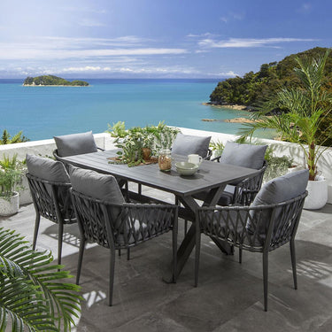 Quatropi Modern 6 Seater Outdoor Garden Dining Set Grey Wood Effect Aluminium
