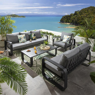Quatropi Modern 6 Seater Outdoor Garden Sofa Set Black Aluminium Grey Cushions