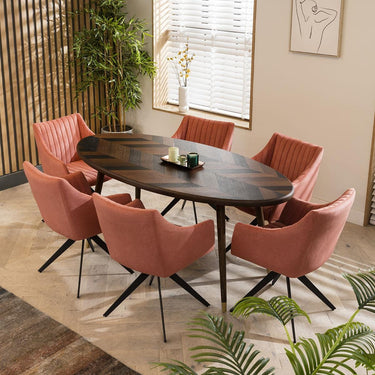 Quatropi Modern 6 Seater Oval Dining Set Swivel Carver Chairs With Arms Pink