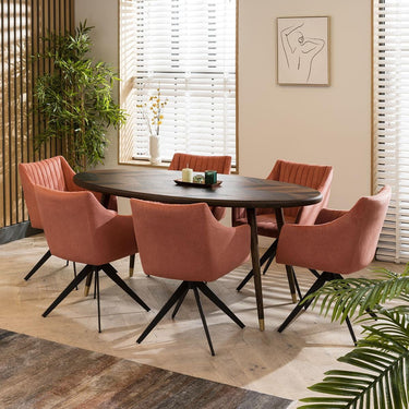 Quatropi Modern 6 Seater Oval Dining Set Swivel Carver Chairs With Arms Pink
