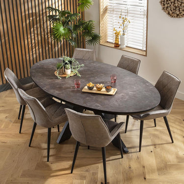 Quatropi Modern 6 Seater Oval Dining Table and Chairs Dining Set Grey Black