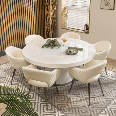 Quatropi Modern 6 Seater Round Dining Set Gloss White Faux Leather 160cm