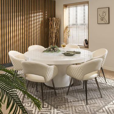 Quatropi Modern 6 Seater Round Dining Set Gloss White Faux Leather 160cm