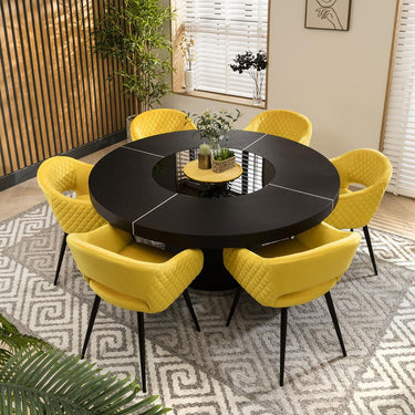 Quatropi Modern 6 Seater Round Dining Set Lazy Susan Black Oak Yellow 160cm