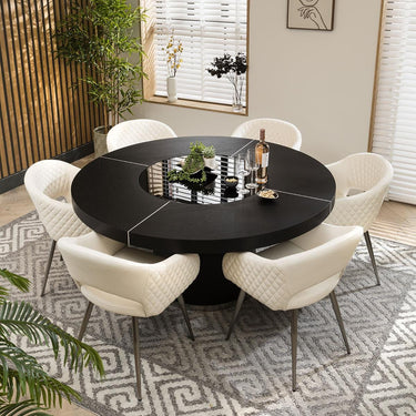 Quatropi Modern 6 Seater Round Dining Set Lazy Susan Black White Leather 160cm